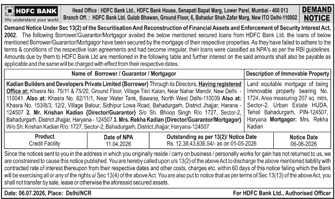 Demand Notice: NPA Loan Recovery by HDFC Bank