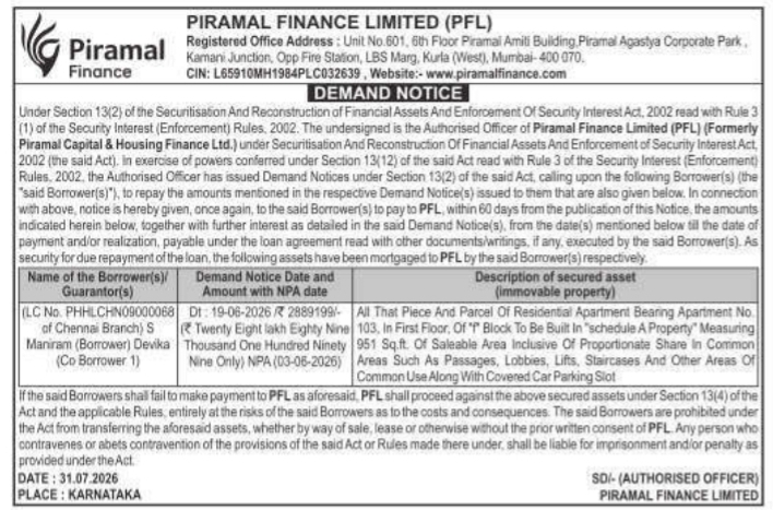 Demand Notice of Immovable Property by Piramal Finance