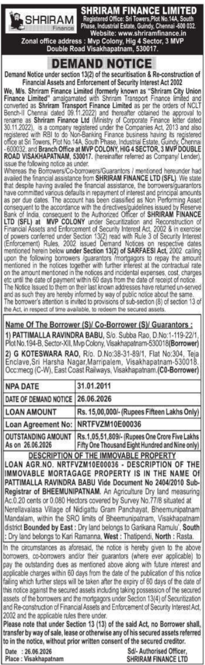 Demand Notice of Immovable Property by Shriram Finance