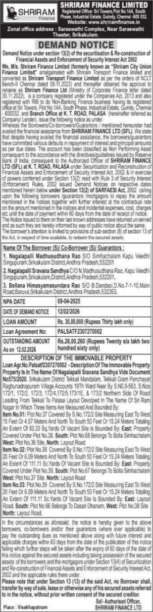 Demand Notice of Immovable Property by Shriram Finance