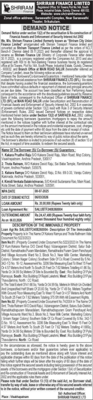 Demand Notice of Immovable Property by Shriram Finance