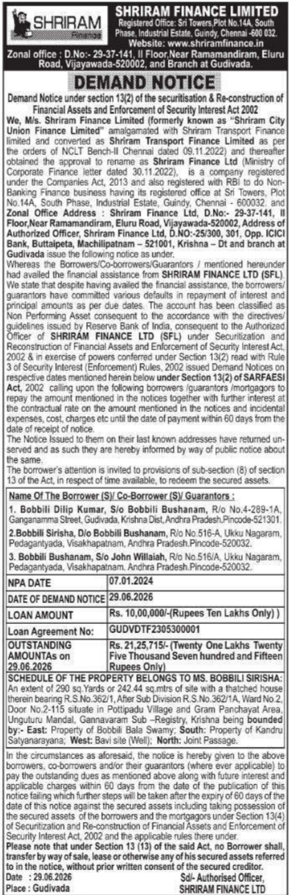 Demand Notice of Immovable Property by Shriram Finance