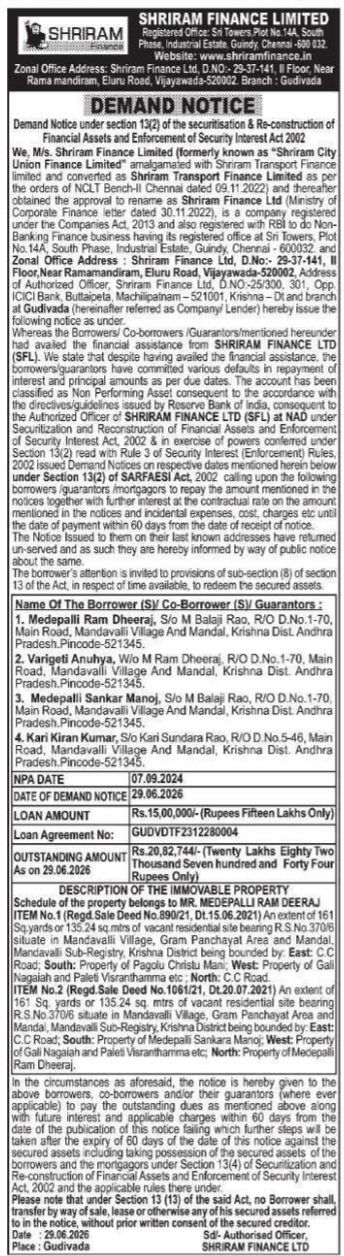 Demand Notice of Immovable Property by Shriram Finance