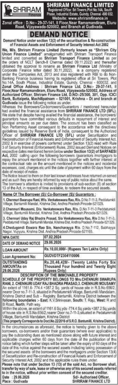 Demand Notice of Immovable Property by Shriram Finance