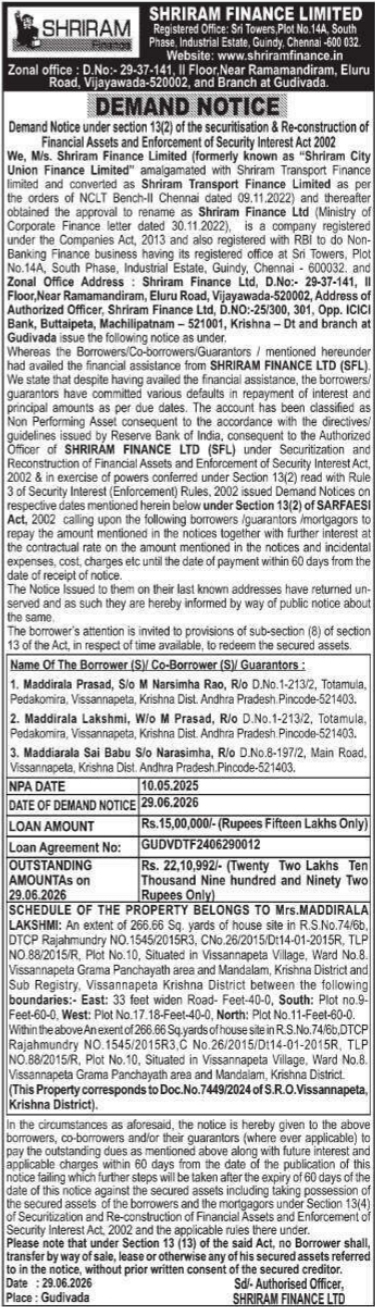 Demand Notice of Immovable Property by Shriram Finance
