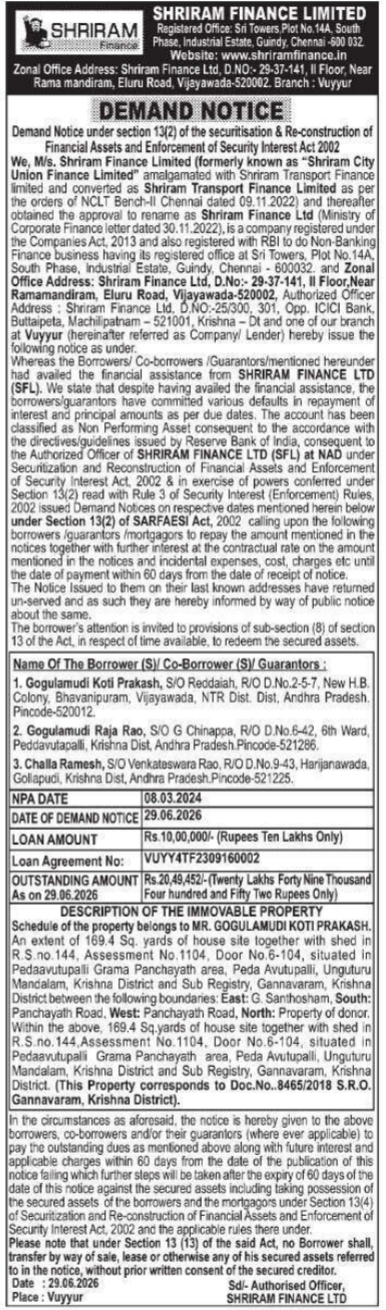 Demand Notice of Immovable Property by Shriram Finance