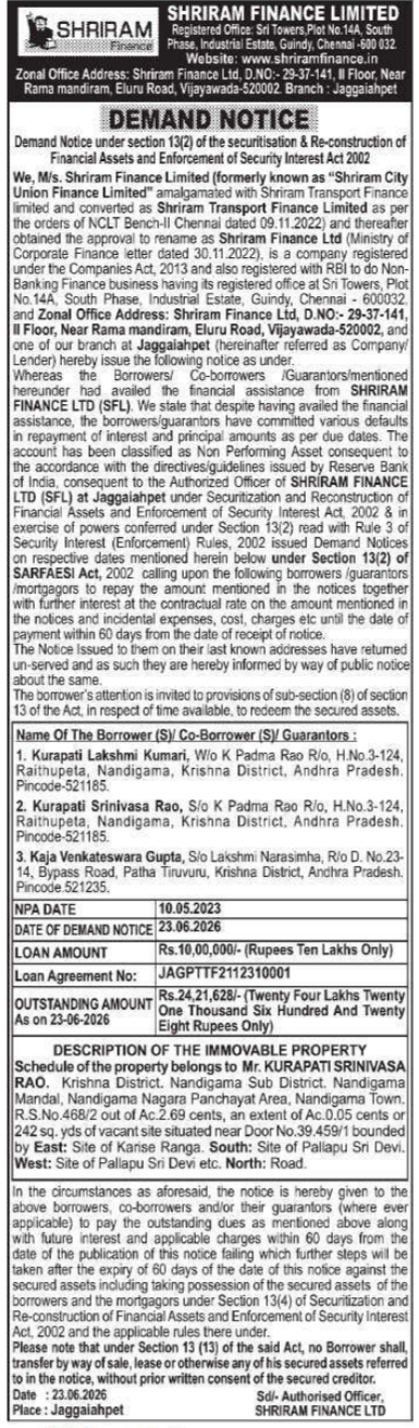 Demand Notice of Immovable Property by Shriram Finance