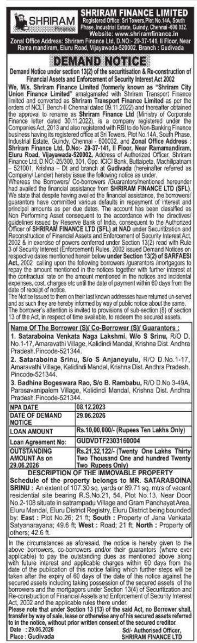 Demand Notice of Immovable Property by Shriram Finance