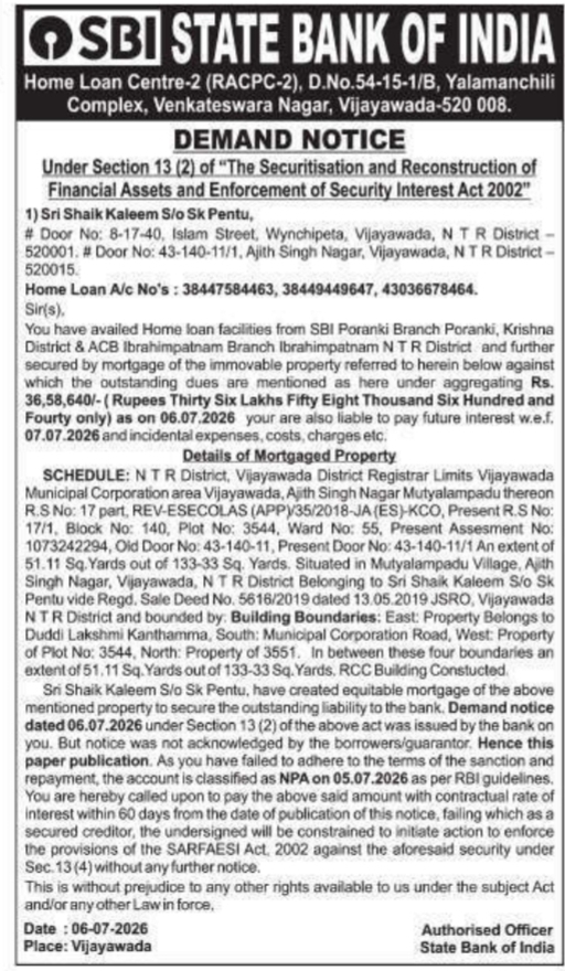Demand Notice of Immovable Property by State Bank of India
