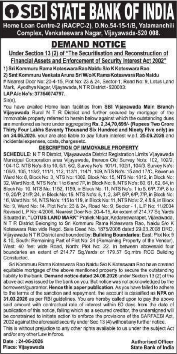 Demand Notice of Immovable Property by State Bank of India