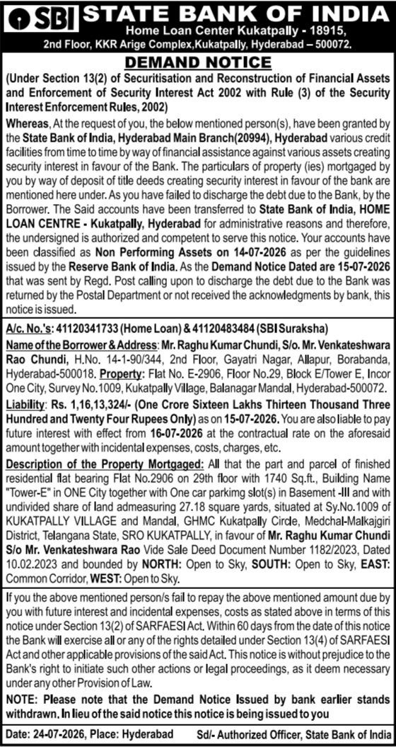 Demand Notice: Outstanding Home Loan Rectification and Foreclosure Warning