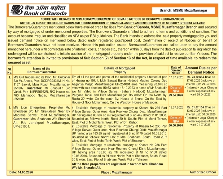 Demand Notice Publication by Bank of Baroda