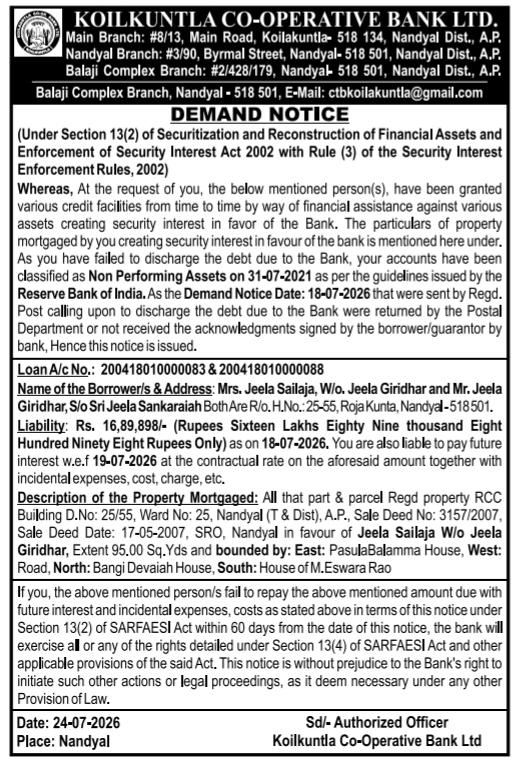 Demand Notice: Recovery of Outstanding Loan Under SARFAESI Act
