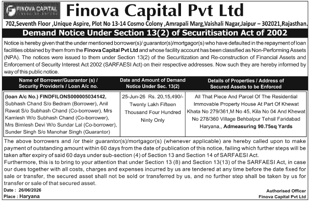 Demand Notice: SARFAESI Act Enforcement, Finova Capital Pvt Ltd