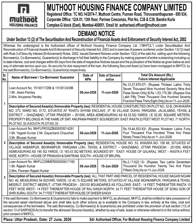 Demand Notice: SARFAESI Act Enforcement, Muthoot Housing Finance