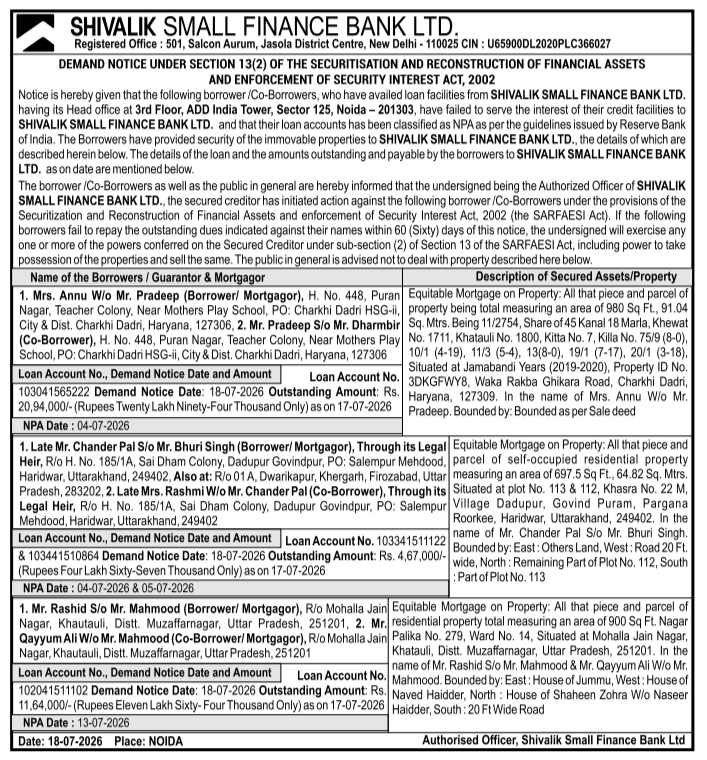 Demand Notice: Shivalik Bank Property Disposal