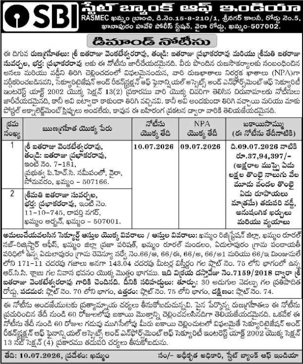 Demand Notice: State Bank of India NPA Dues