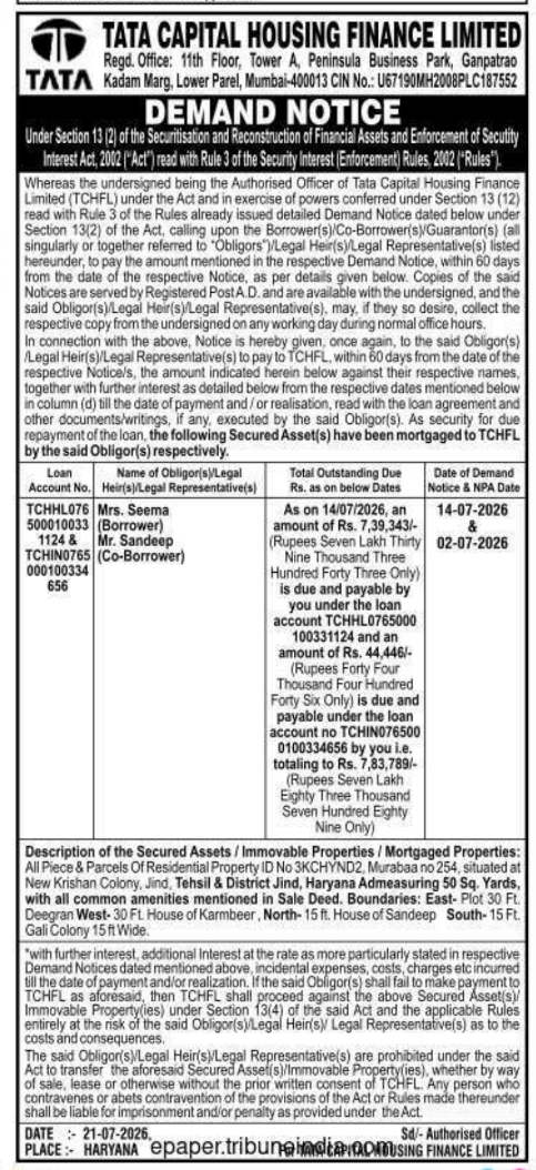 Demand Notice: Tata Capital Housing Finance Limited