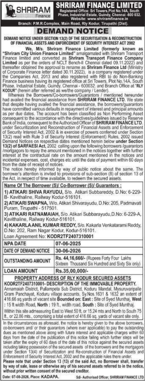 Demand Notice to Atikari Shiva Rayudu by Shriram Finance Limited Rly Kodur