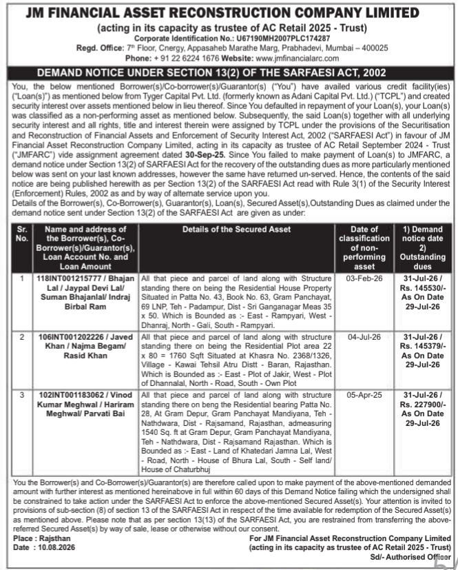 Demand Notice to Bhajan Lal & Others by JM Financial
