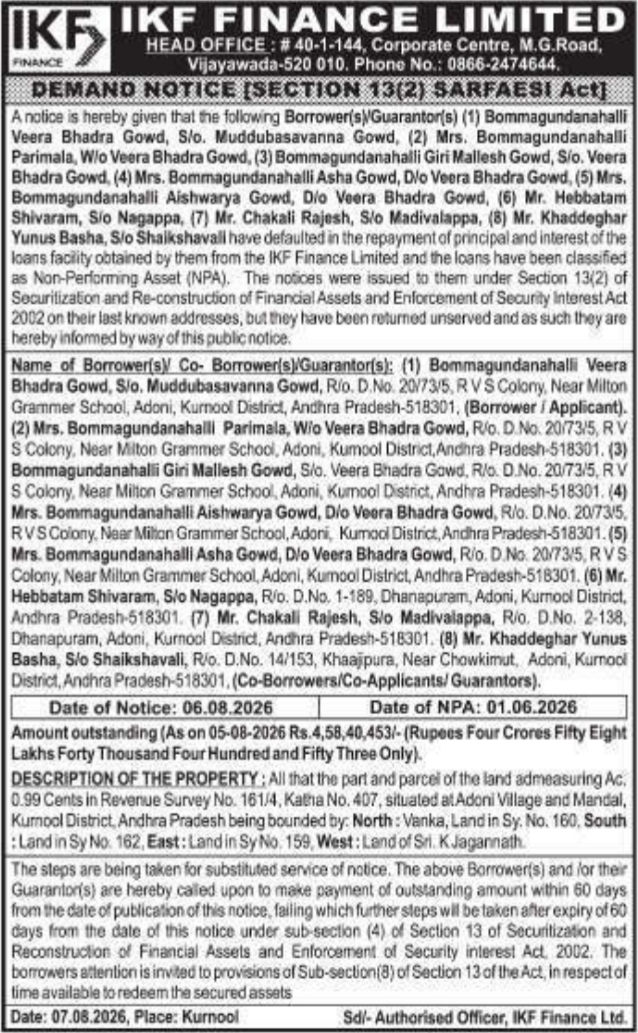 Demand Notice to Bommagundanahalli Veera Bhadra Gowd by IKF Finance Limited