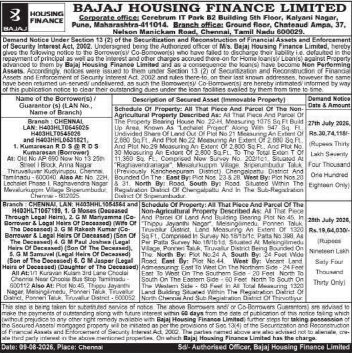 Demand Notice to Borrowers by Bajaj Housing