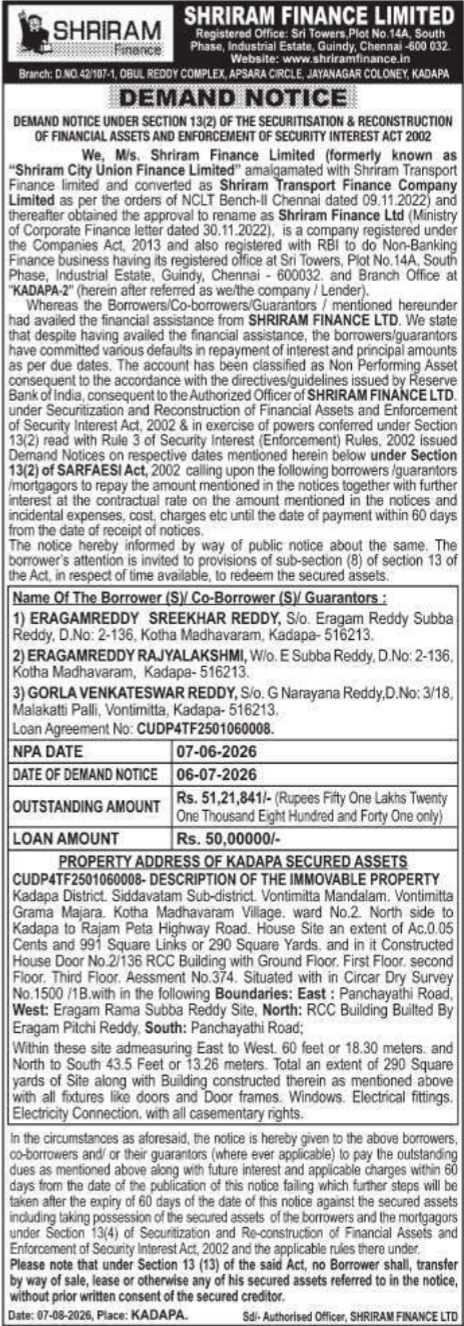 Demand Notice to Eragamreddy Sreekhar Reddy by Shriram Finance Limited