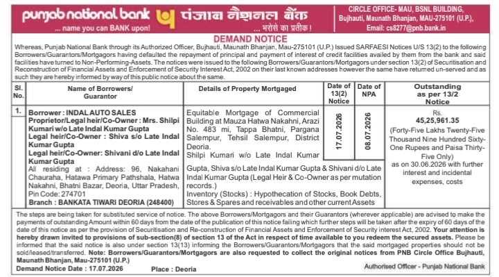 Demand Notice to Indal Auto Sales by PNB Deoria