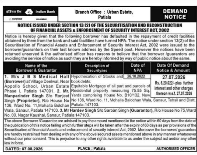 Demand Notice to J B S Medical Hall by Indian Bank Patiala