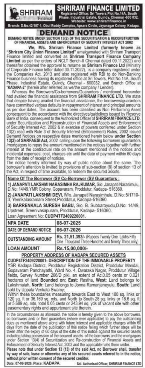 Demand Notice to Janapati Lakshmi Narasimha Rajkumar by Shriram Finance Limited