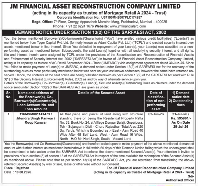 Demand Notice to Jitendra Singh by JM Financial