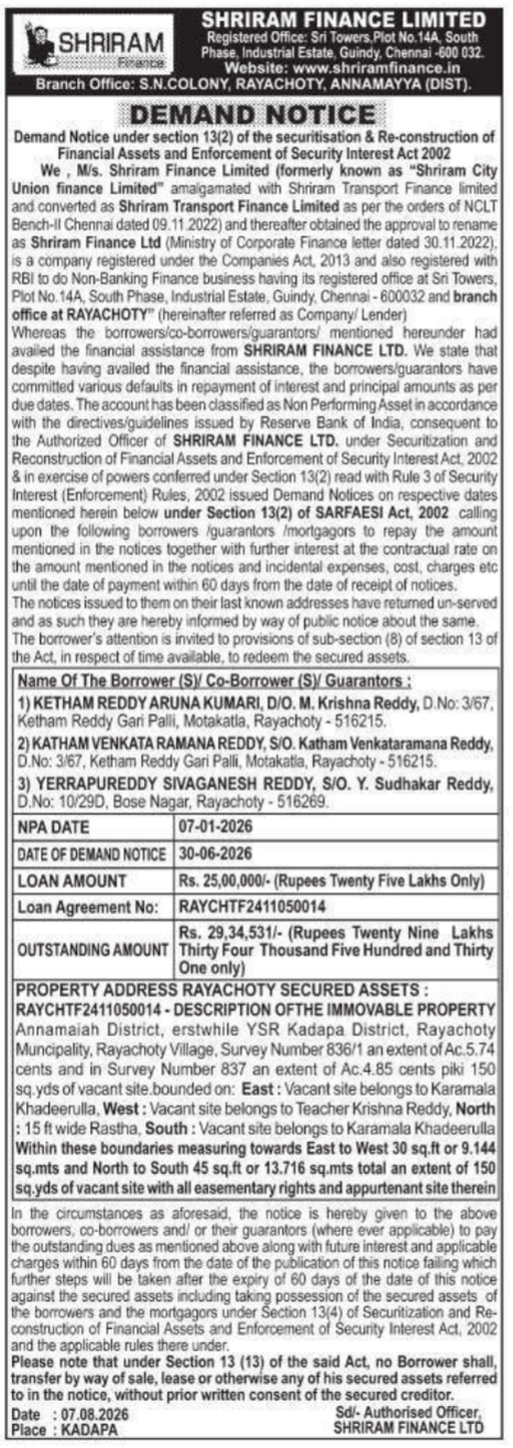 Demand Notice to Ketham Reddy Aruna Kumari by Shriram Finance Limited