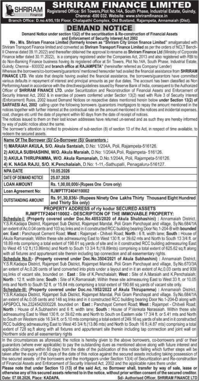 Demand Notice to Maraiah Akula by Shriram Finance Limited