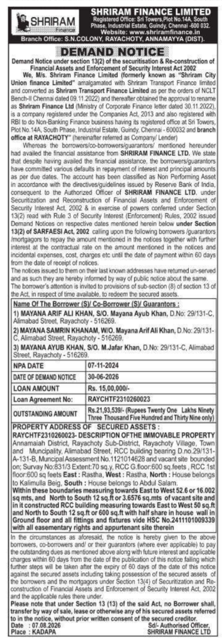 Demand Notice to Mayana Arif Ali Khan by Shriram Finance Limited