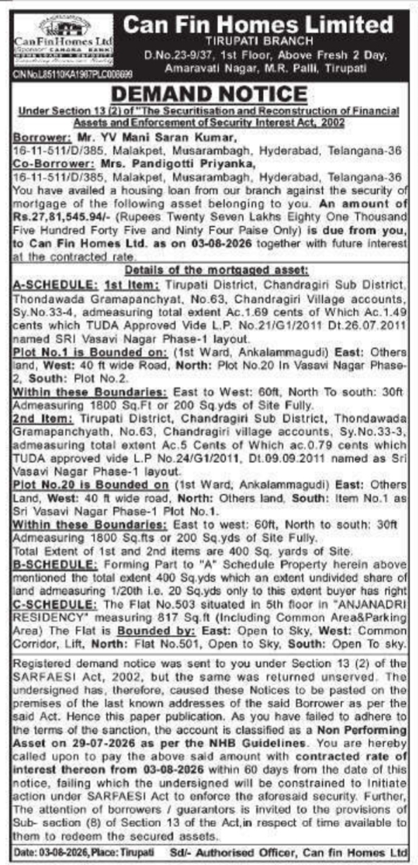 Demand Notice to Mr. YV Mani Saran Kumar by Can Fin Homes Limited