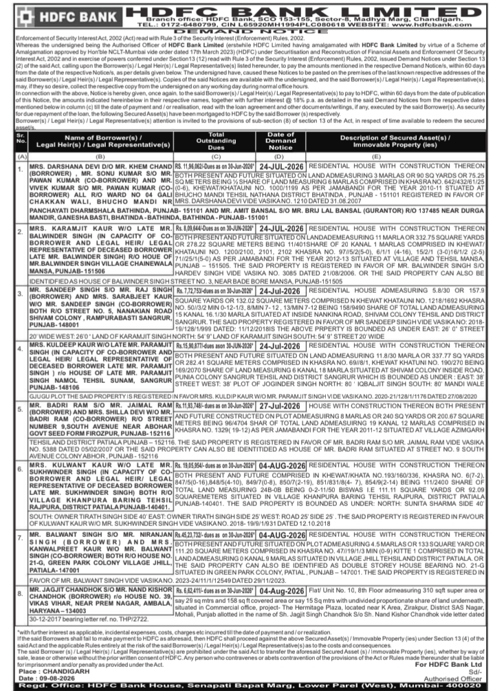 Demand Notice to Multiple Borrowers by HDFC Bank Limited