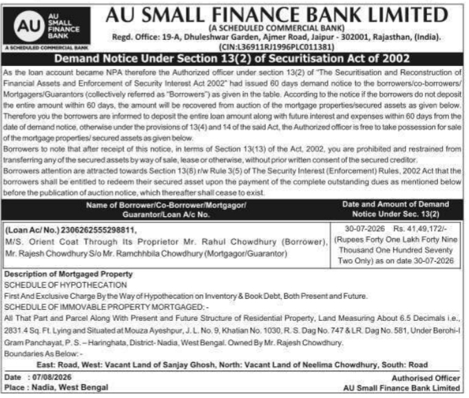 Demand Notice to Orient Coat by AU Small Finance Bank