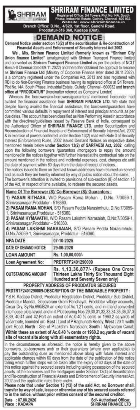 Demand Notice to Pasam Rithasa by Shriram Finance Limited
