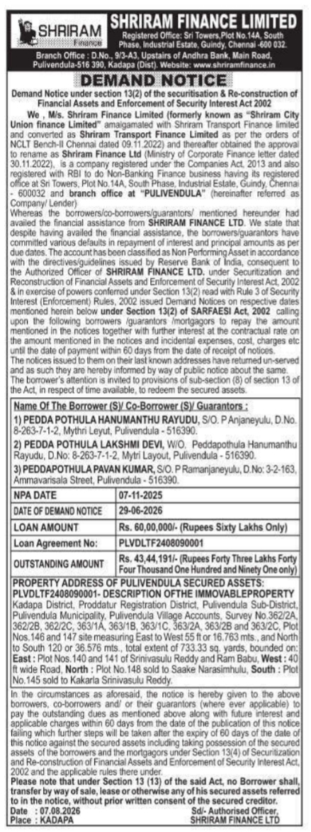 Demand Notice to Pedda Pothula Hanumanthu Rayudu by Shriram Finance Limited