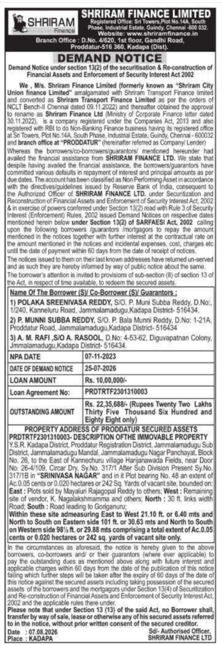 Demand Notice to Polaka Sreenivasa Reddy by Shriram Finance Limited