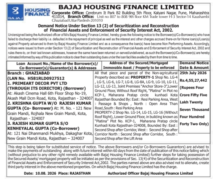 Demand Notice to Primeart Decor by Bajaj Housing