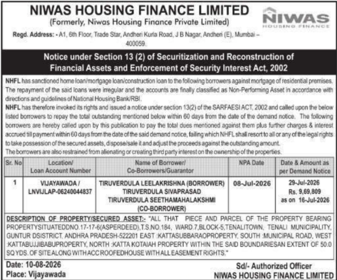 Demand Notice to T. Leelakrishna by NHFL
