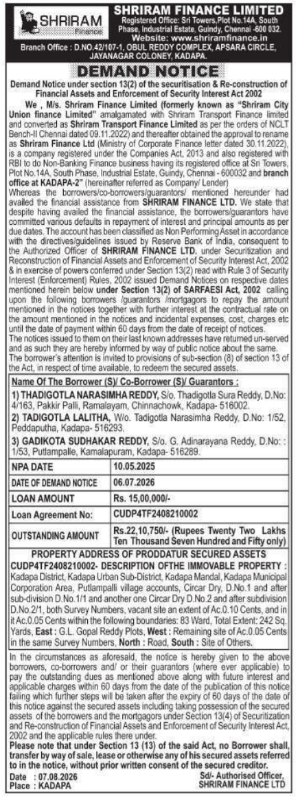 Demand Notice to Thadigotla Narasimha Reddy by Shriram Finance Limited