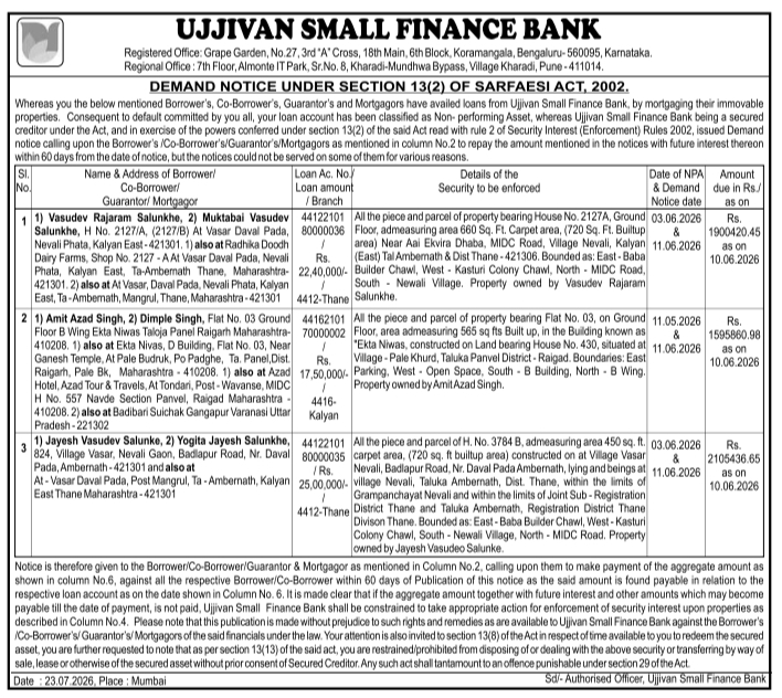 Demand Notice: Ujjivan Small Finance Bank Loan Default Recovery