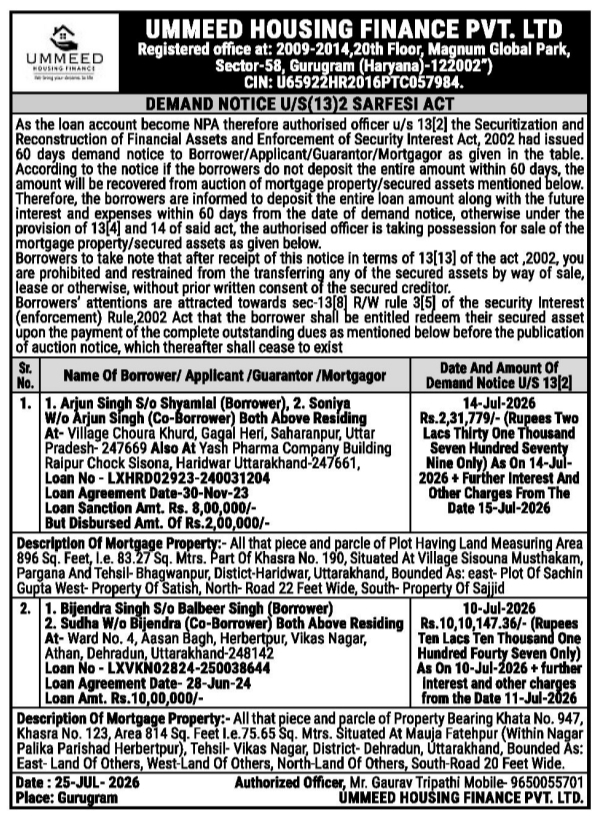 Demand Notice: Ummeed Housing Finance Loan Default Recovery