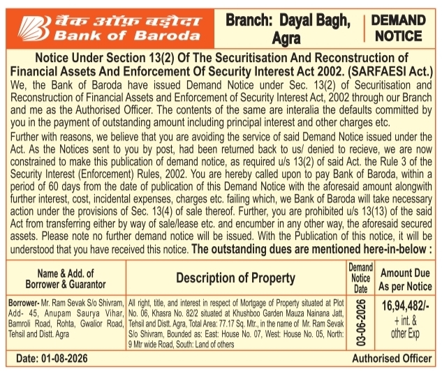 Demand Notice under SARFAESI Act by Bank of Baroda