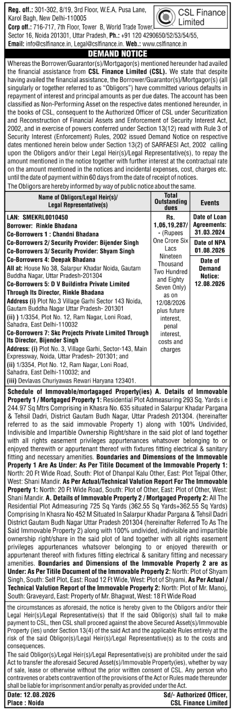 Demand Notice under SARFAESI Act by CSL Finance Limited