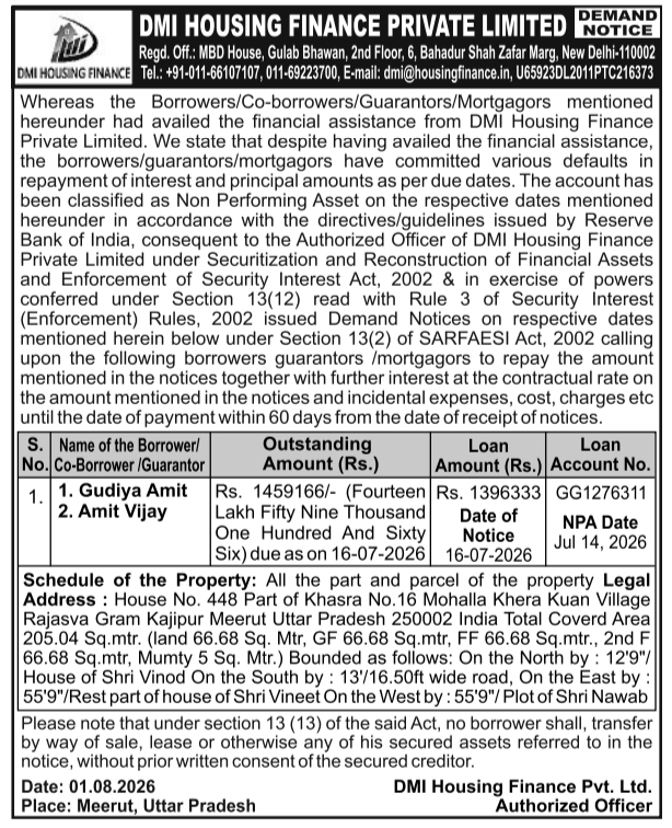 Demand Notice under SARFAESI Act by DMI Housing Finance Private Limited
