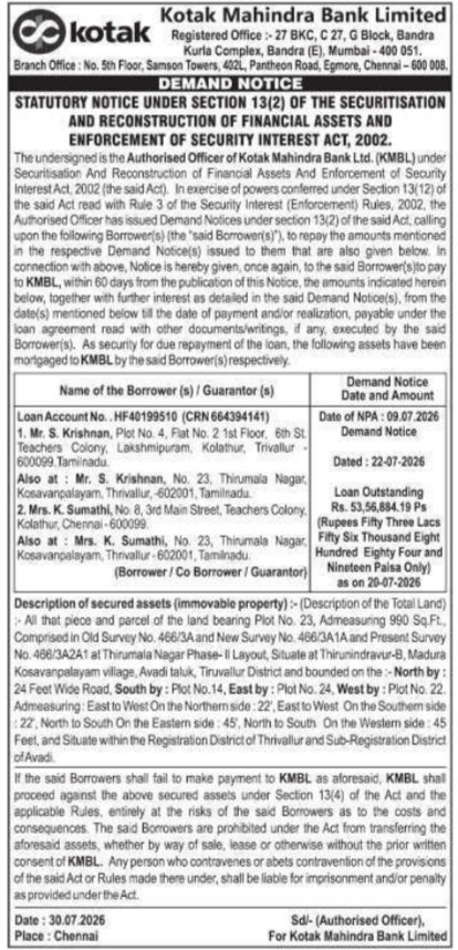 Demand Notice Under SARFAESI Act by Kotak Mahindra Bank Limited