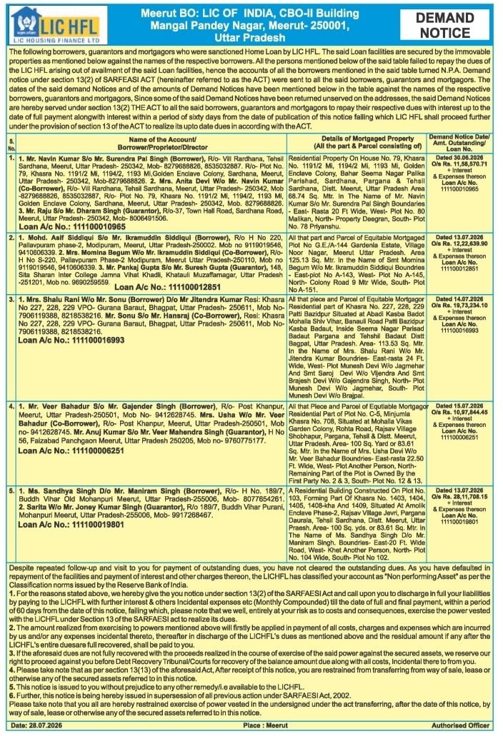 Demand Notice Under SARFAESI Act by LIC Housing Finance Limited